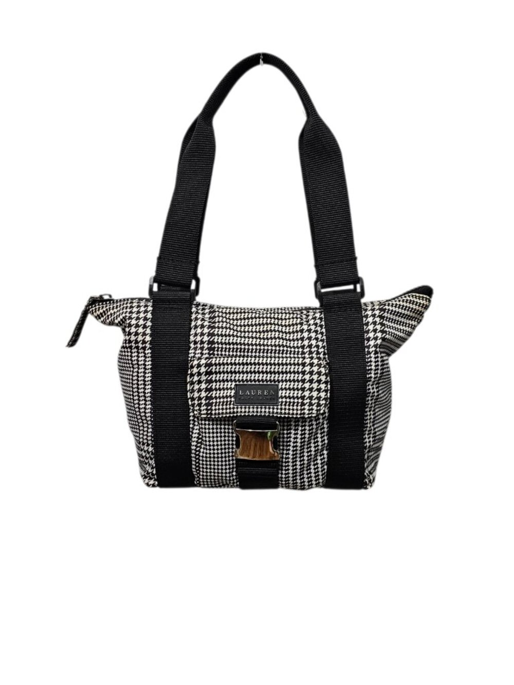 Lauren Ralph Lauren Houndstooth Satchel Nylon Shoulder Handbag Black And White - Picture 13 of 13